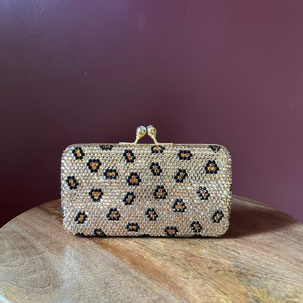 Leopard print crystal studded clutch
